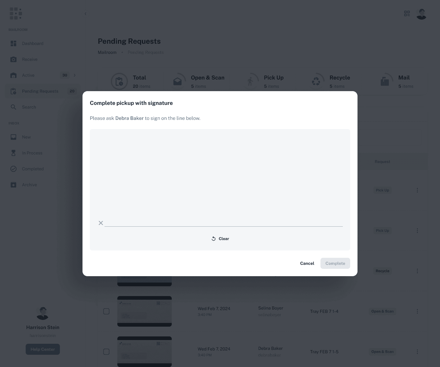 Complete pickup with signature dialog