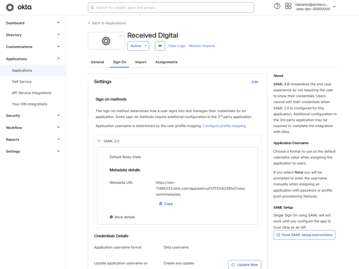 Metadata URL - Okta