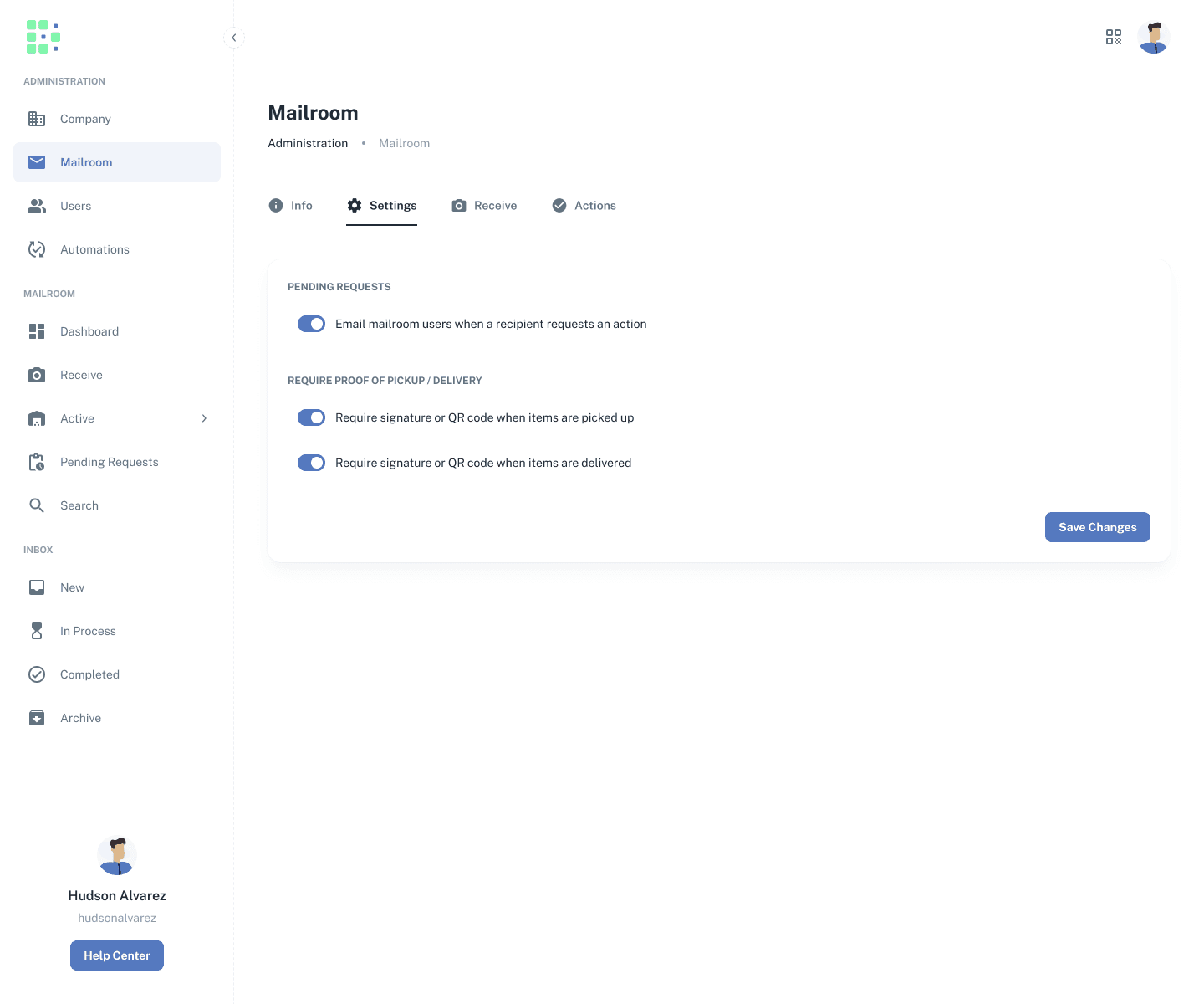 Proof of pickup and delivery enabled in mailroom settings