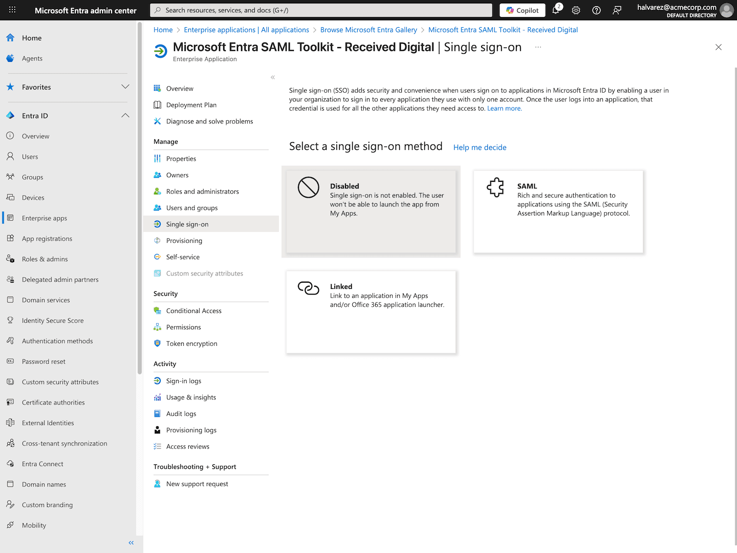 Single sign-on method - Microsoft Entra