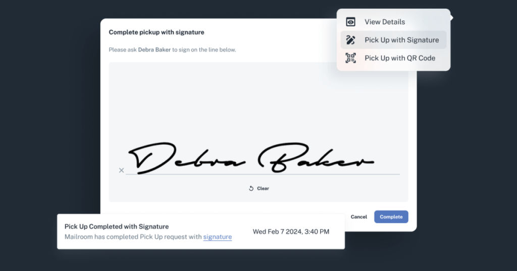 Elements for completing pickup with signature in Received Digital